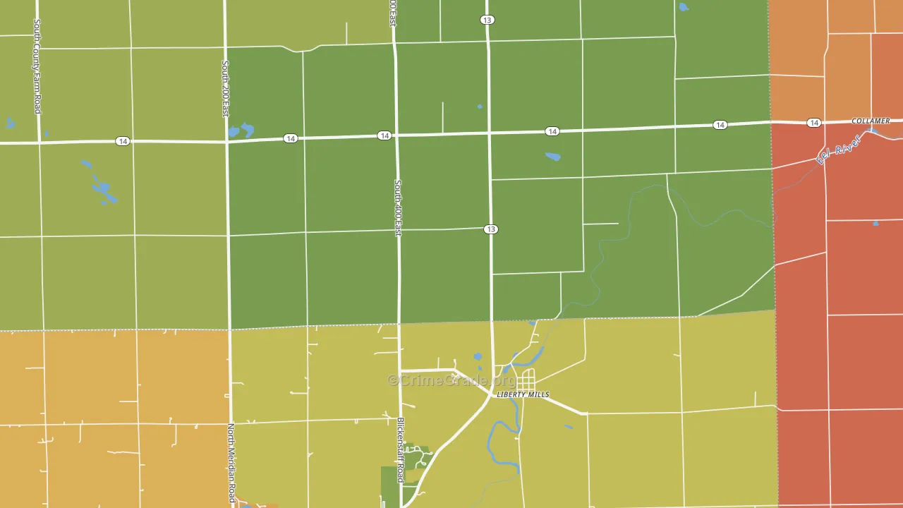 Liberty Mills, IN Map of Robbery Rates
