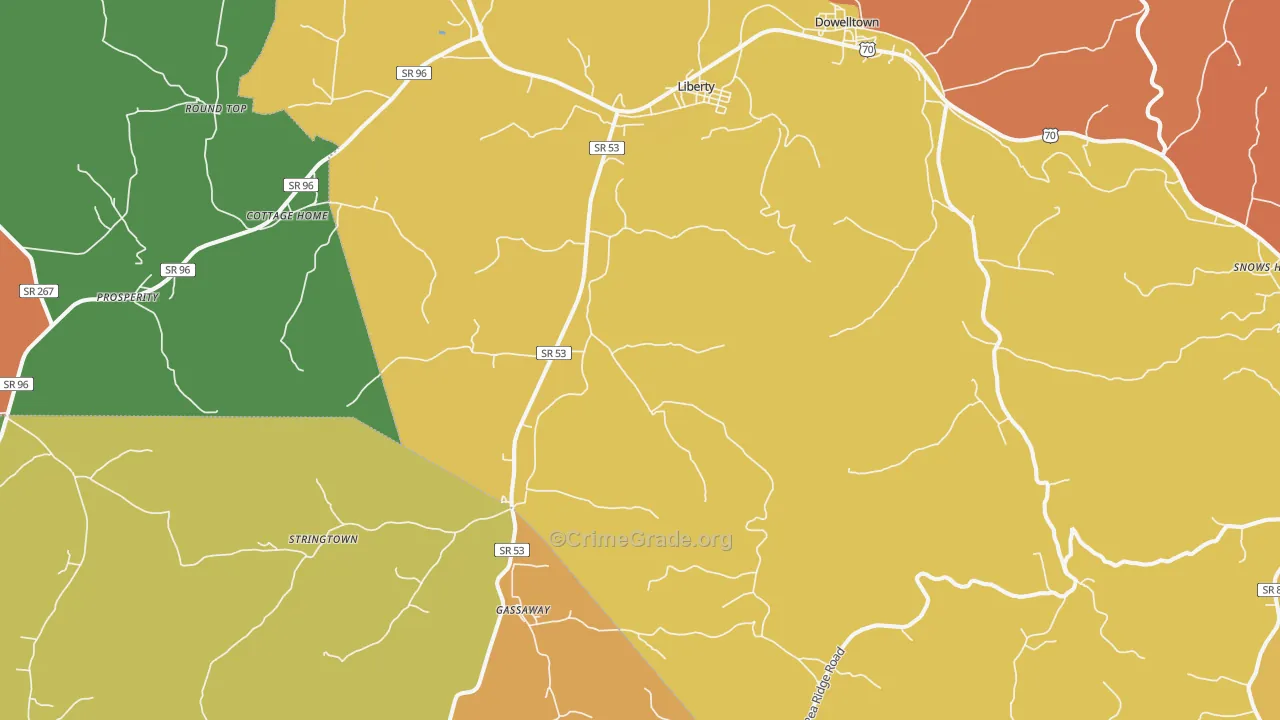Liberty, TN Map of Robbery Rates