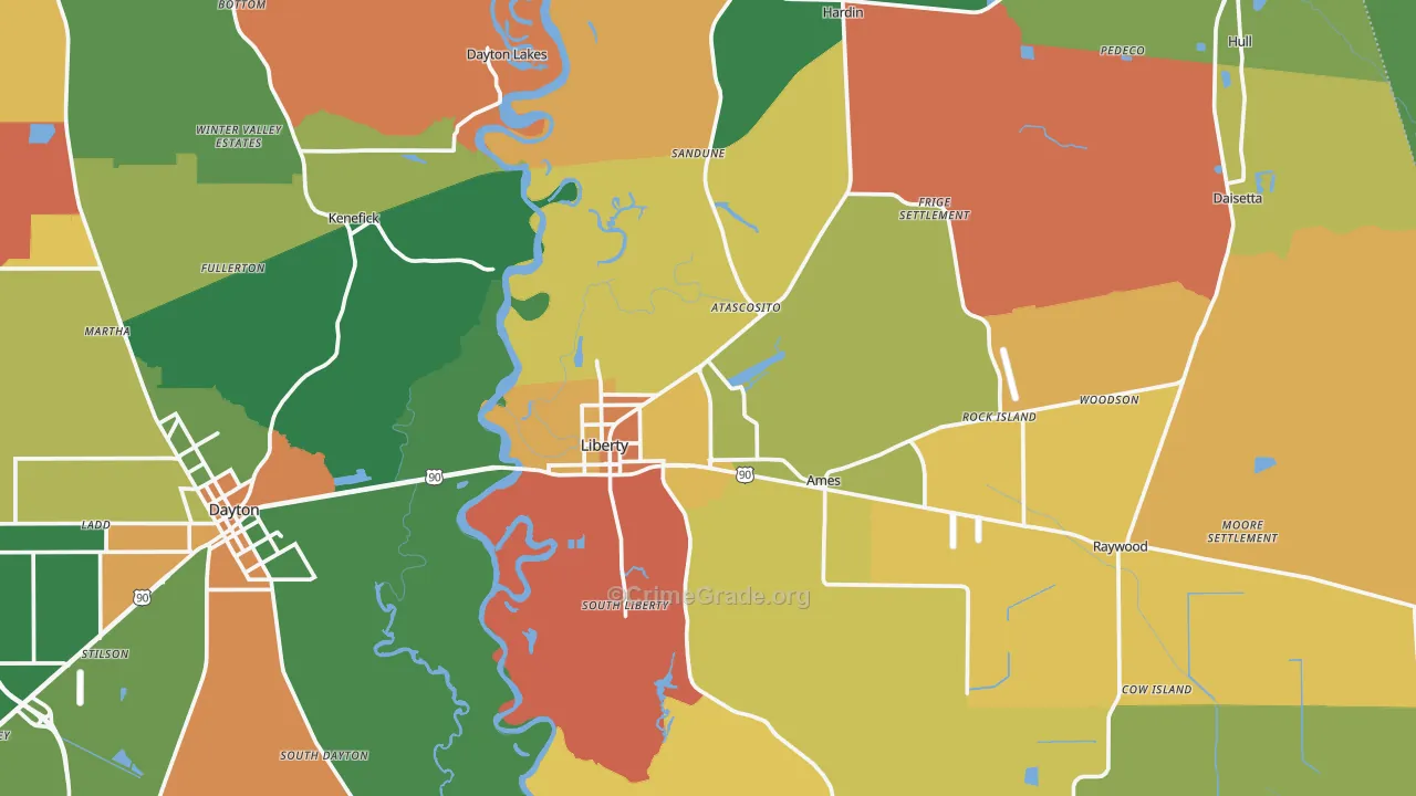 Liberty, TX Map of Robbery Rates