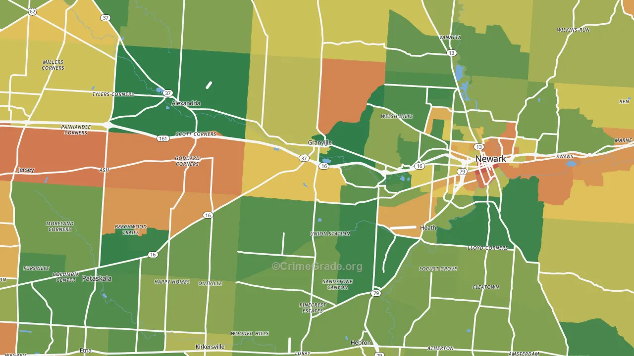 Licking County, OH Map of Robbery Rates