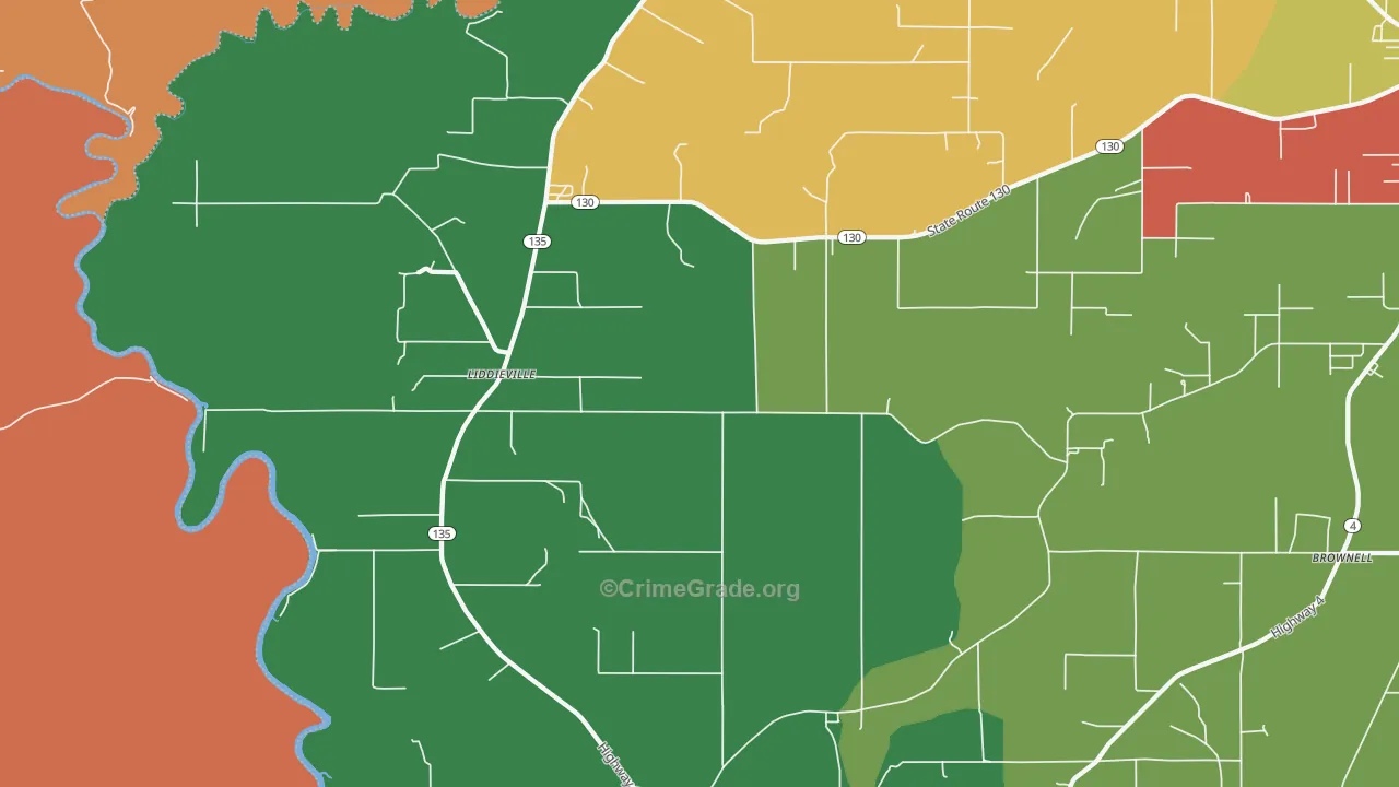 Liddieville, LA Map of Robbery Rates