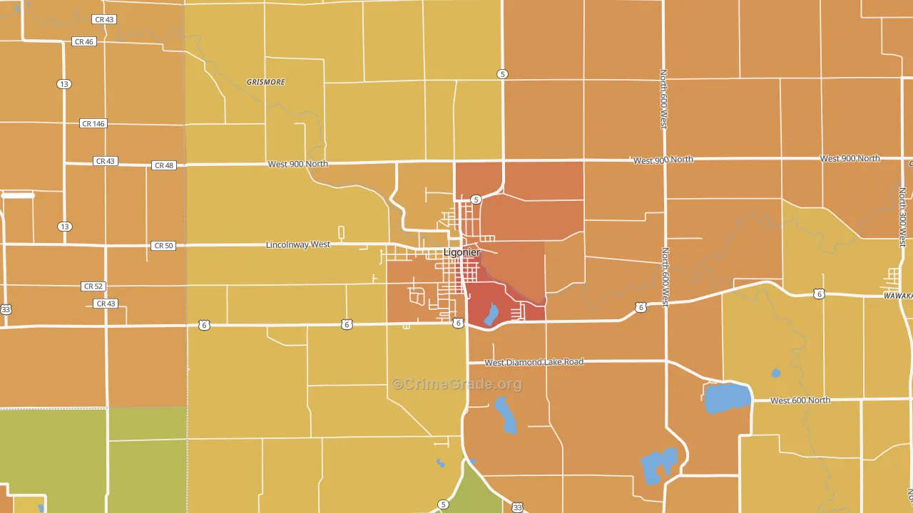 Ligonier, IN Map of Robbery Rates
