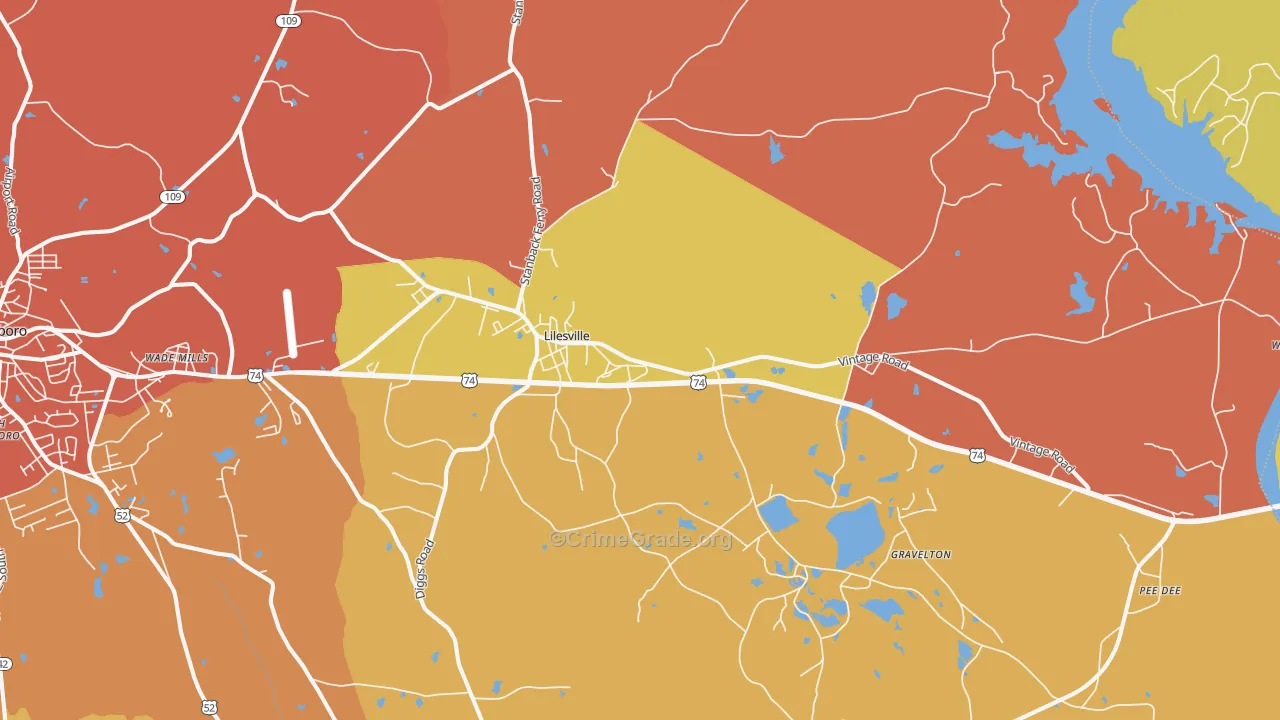 Lilesville, NC Map of Robbery Rates