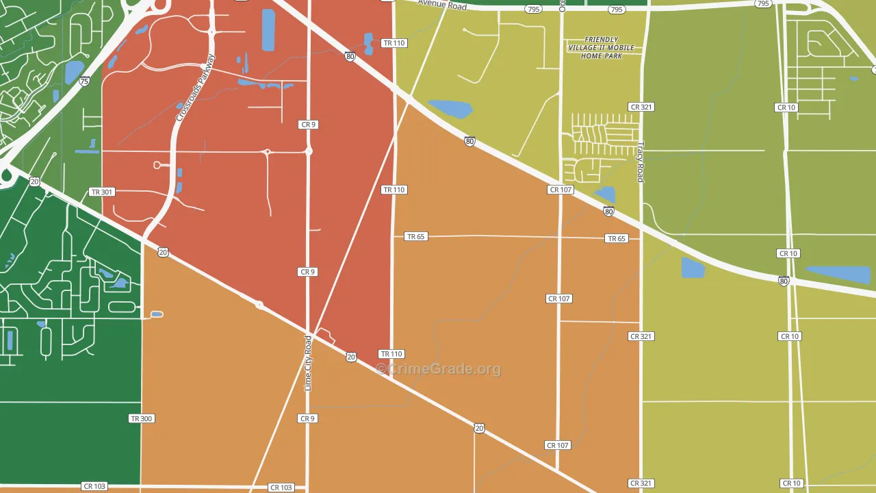 Lime City, OH Map of Robbery Rates