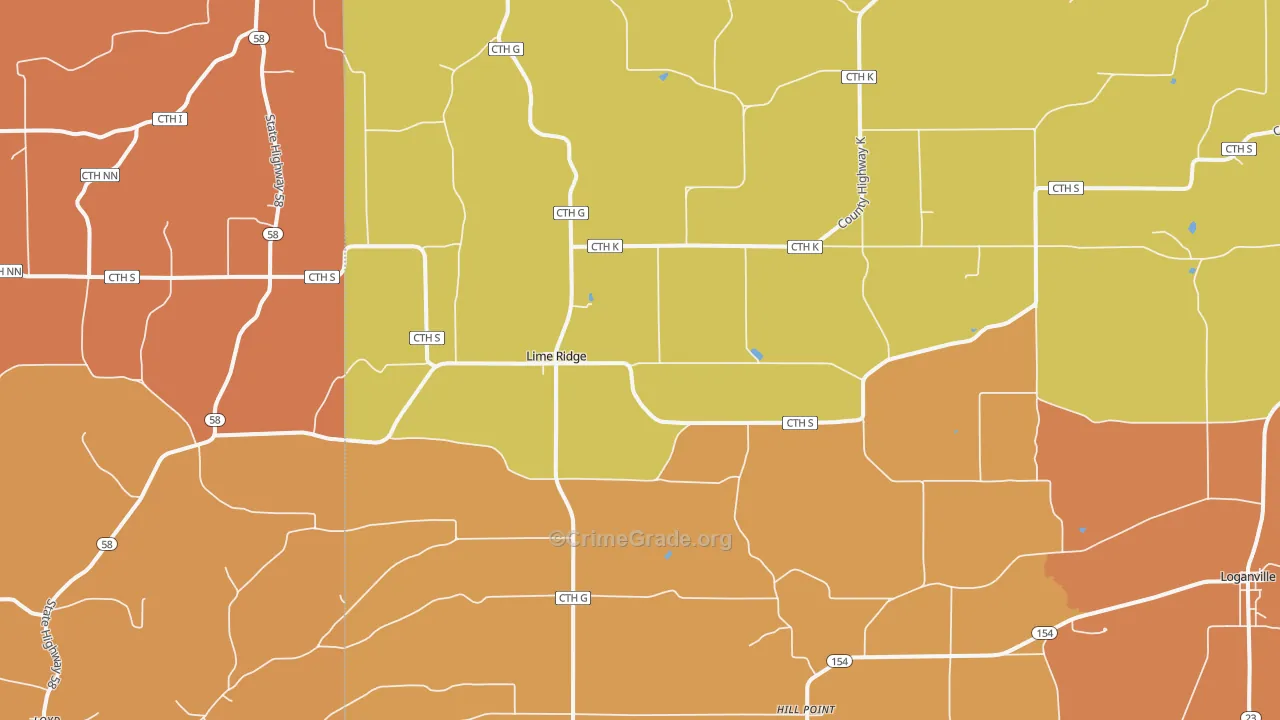 Lime Ridge, WI Map of Robbery Rates