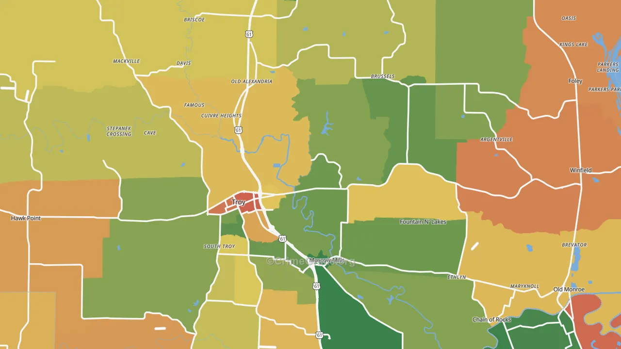 Lincoln County, MO Map of Robbery Rates