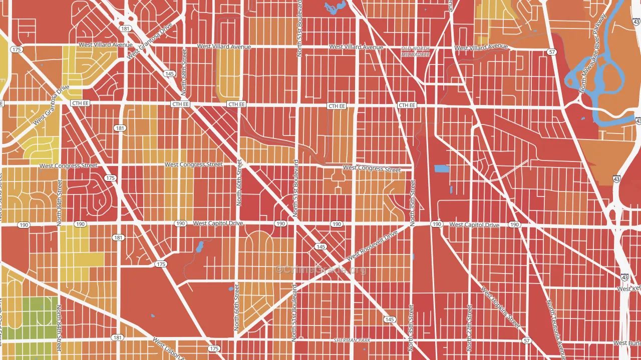 Lincoln Creek, Milwaukee, WI Map of Robbery Rates