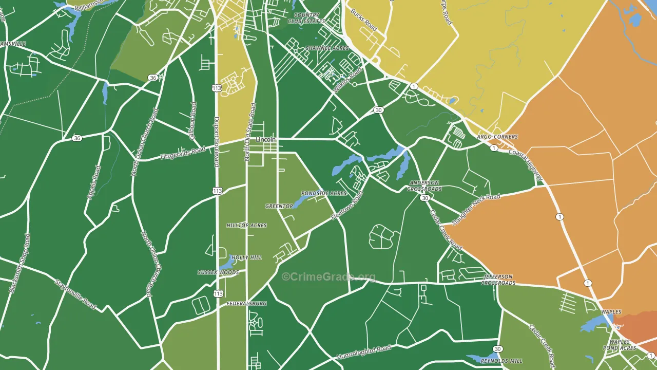 Lincoln, DE Map of Robbery Rates