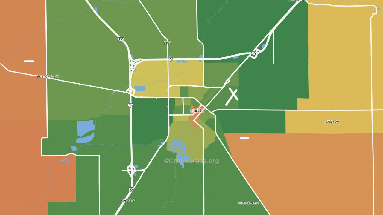 Lincoln, IL Map of Robbery Rates