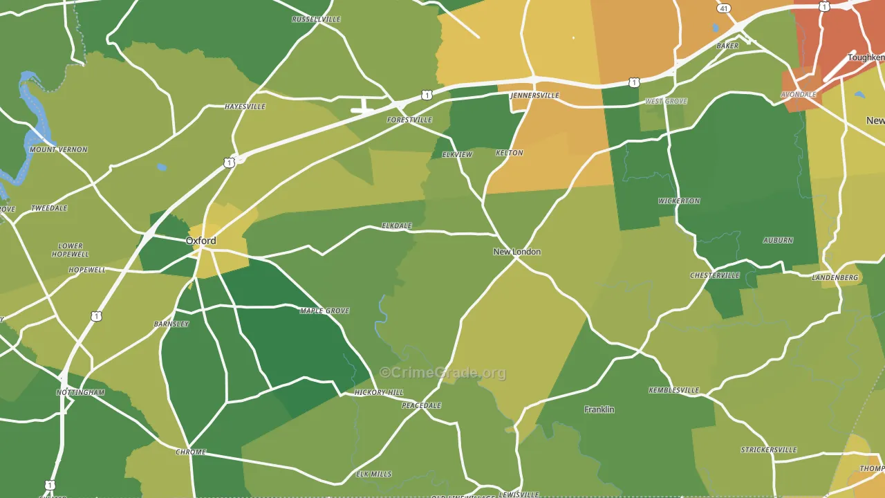Lincoln University, PA Map of Robbery Rates
