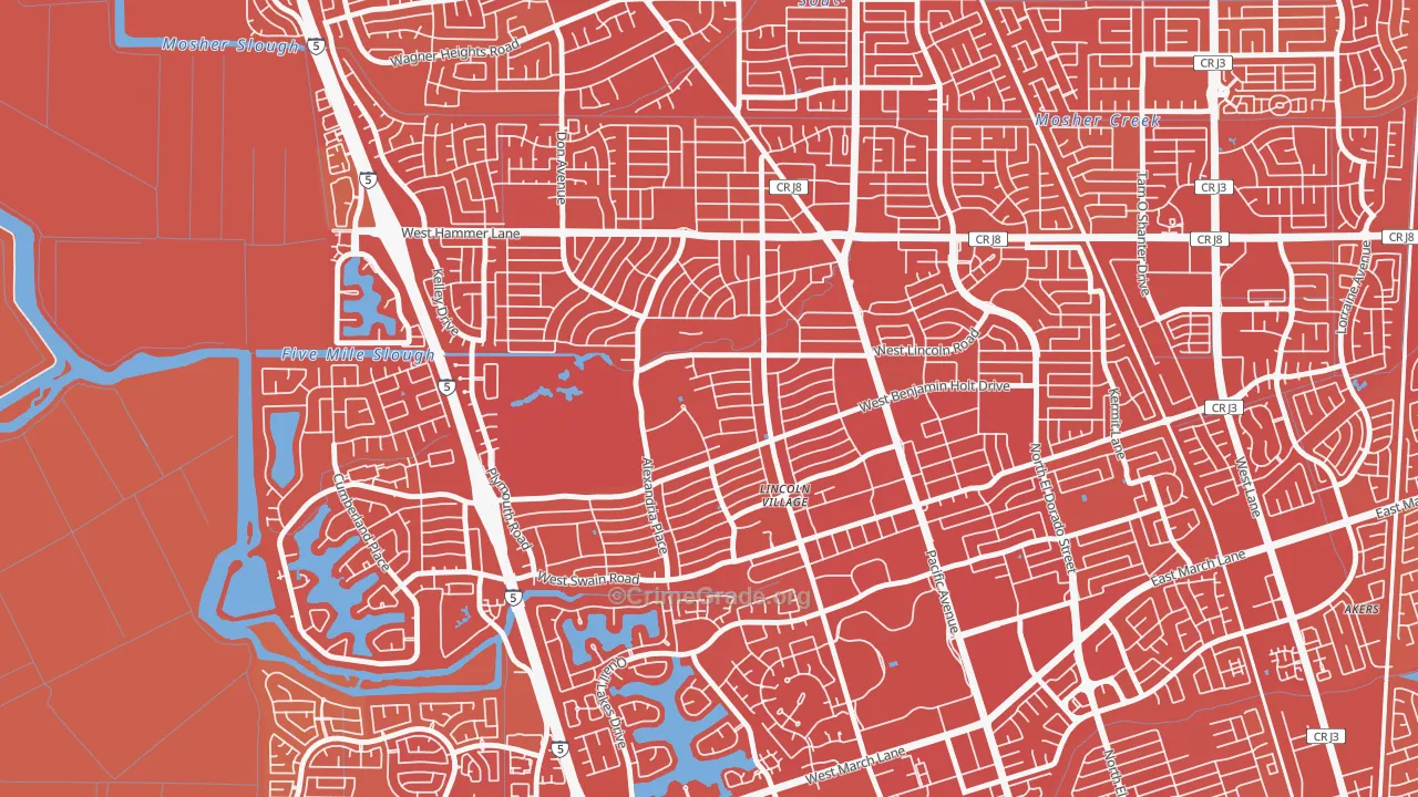 Lincoln Village Proper, Stockton, CA Map of Robbery Rates