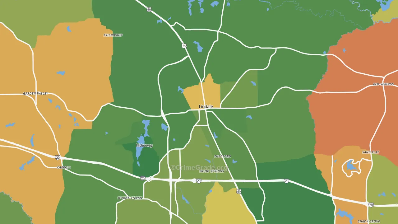 Lindale, TX Map of Robbery Rates