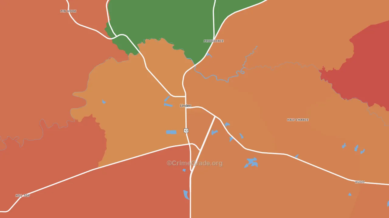 Linden, AL Map of Robbery Rates