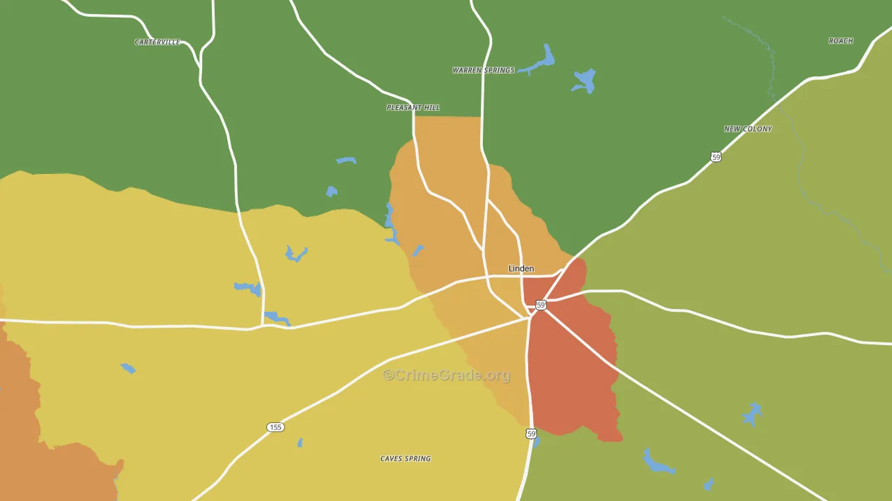 Linden, TX Map of Robbery Rates