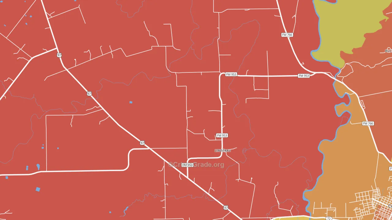 Lindenau, TX Map of Robbery Rates