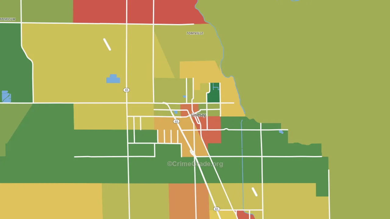 Lindsay, CA Map of Robbery Rates