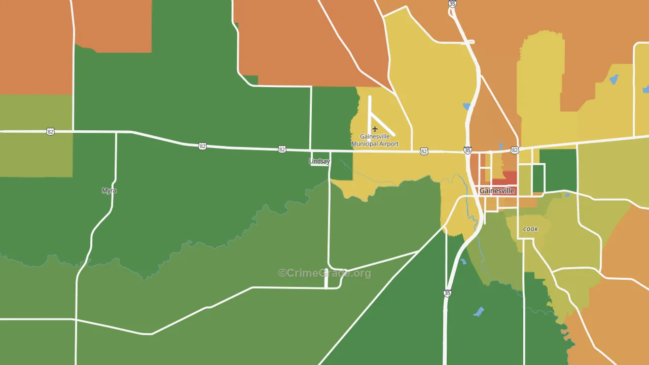 Lindsay, TX Map of Robbery Rates