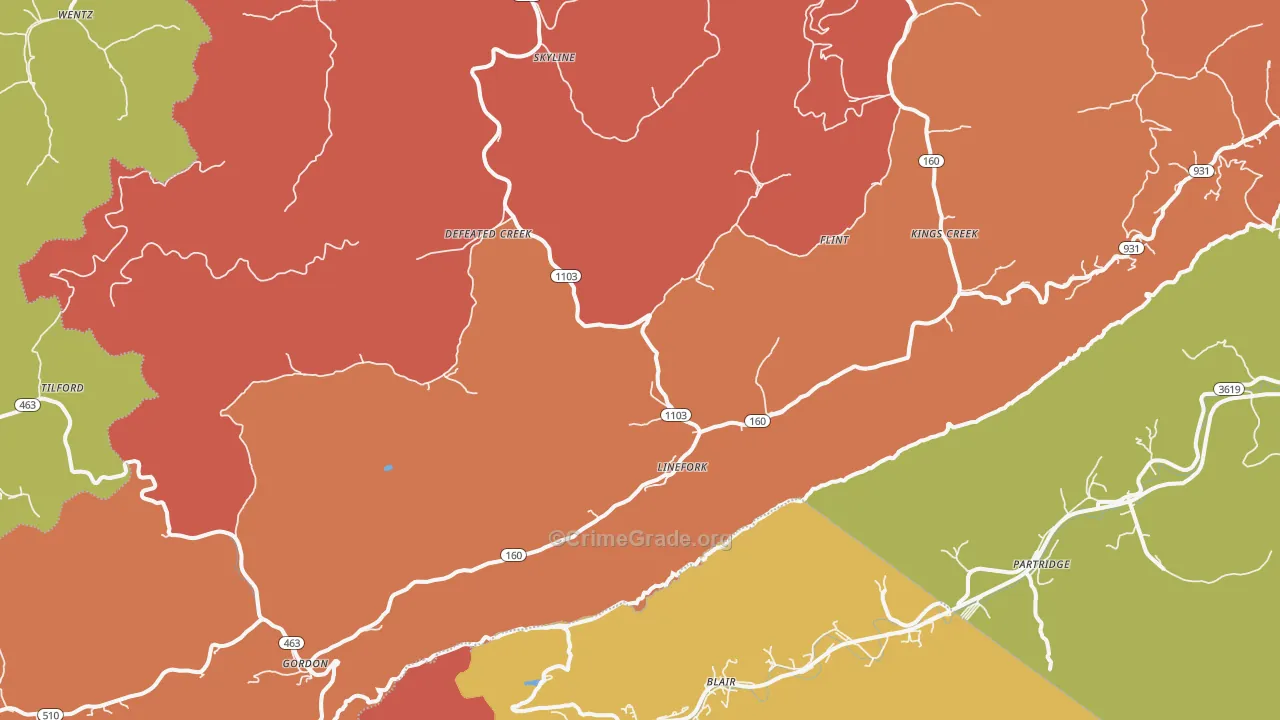 Linefork, KY Map of Robbery Rates
