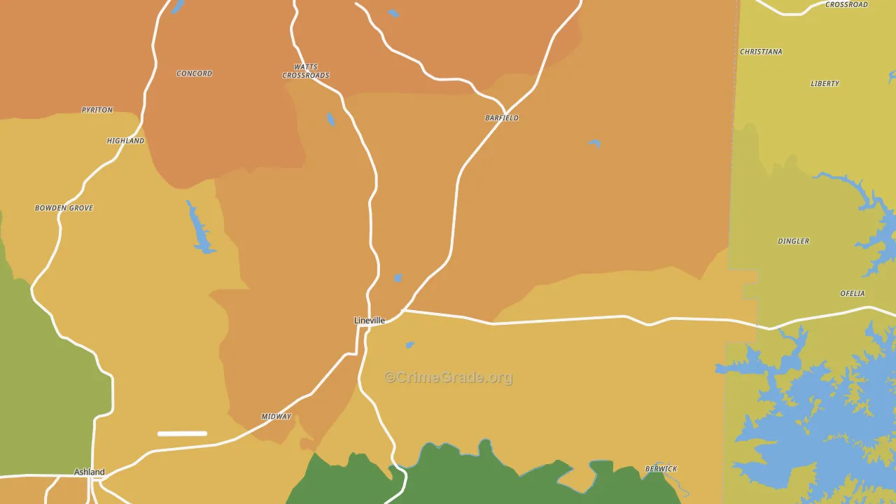 Lineville, AL Map of Robbery Rates