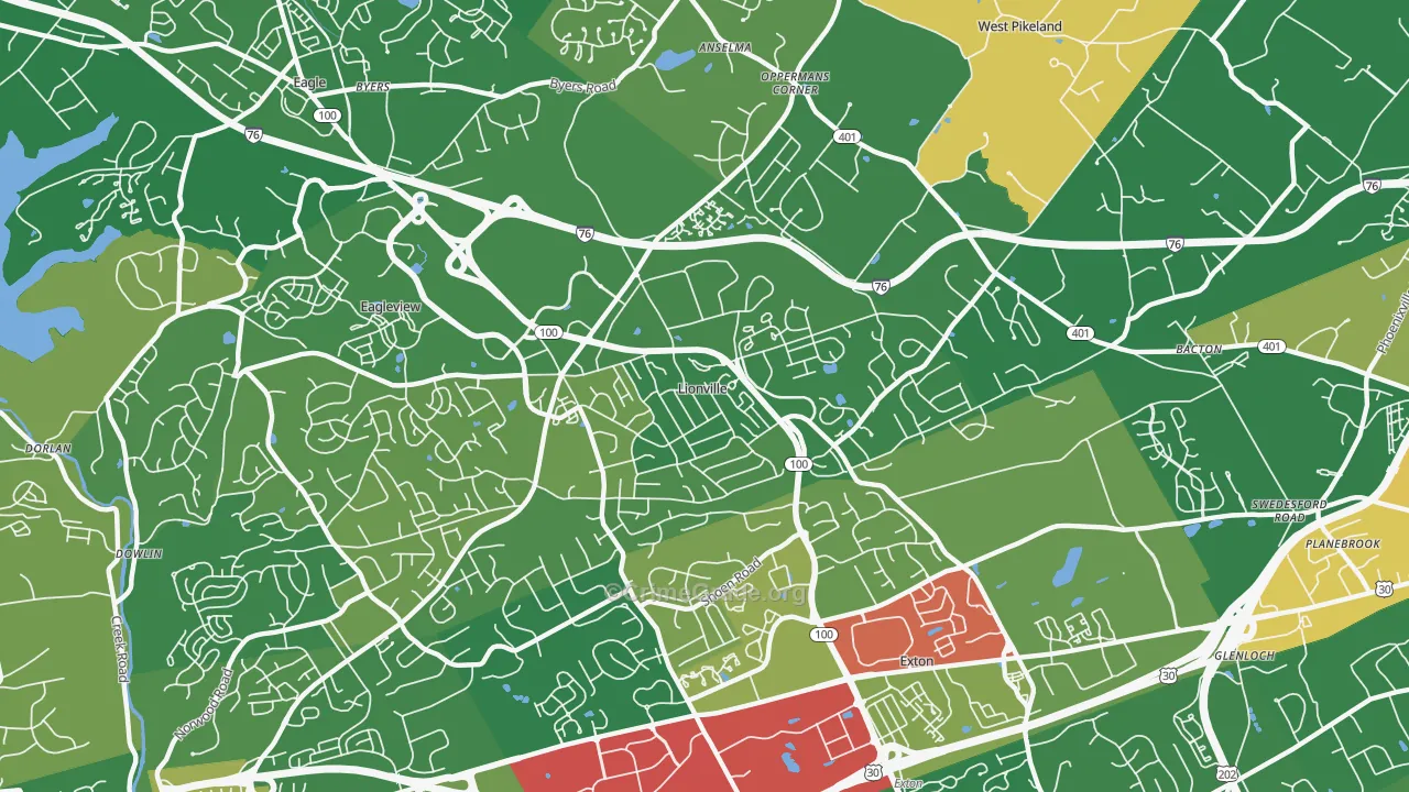 Lionville, PA Map of Robbery Rates