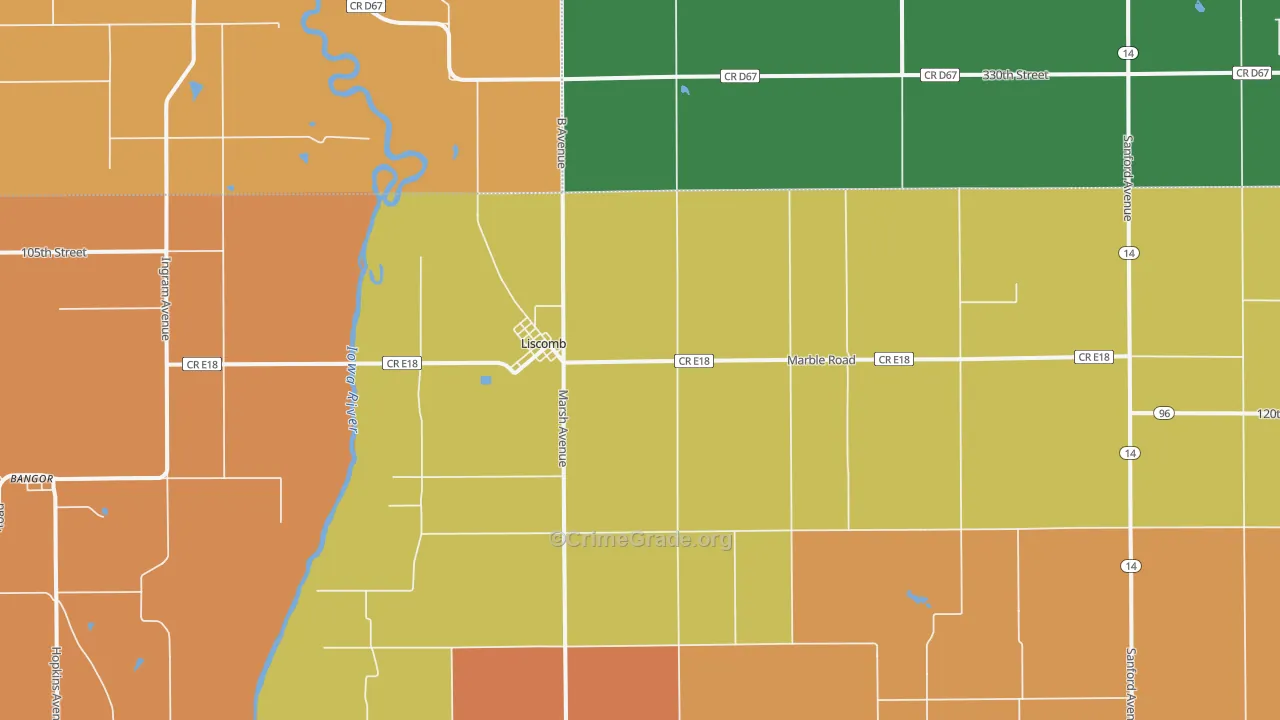 Liscomb, IA Map of Robbery Rates