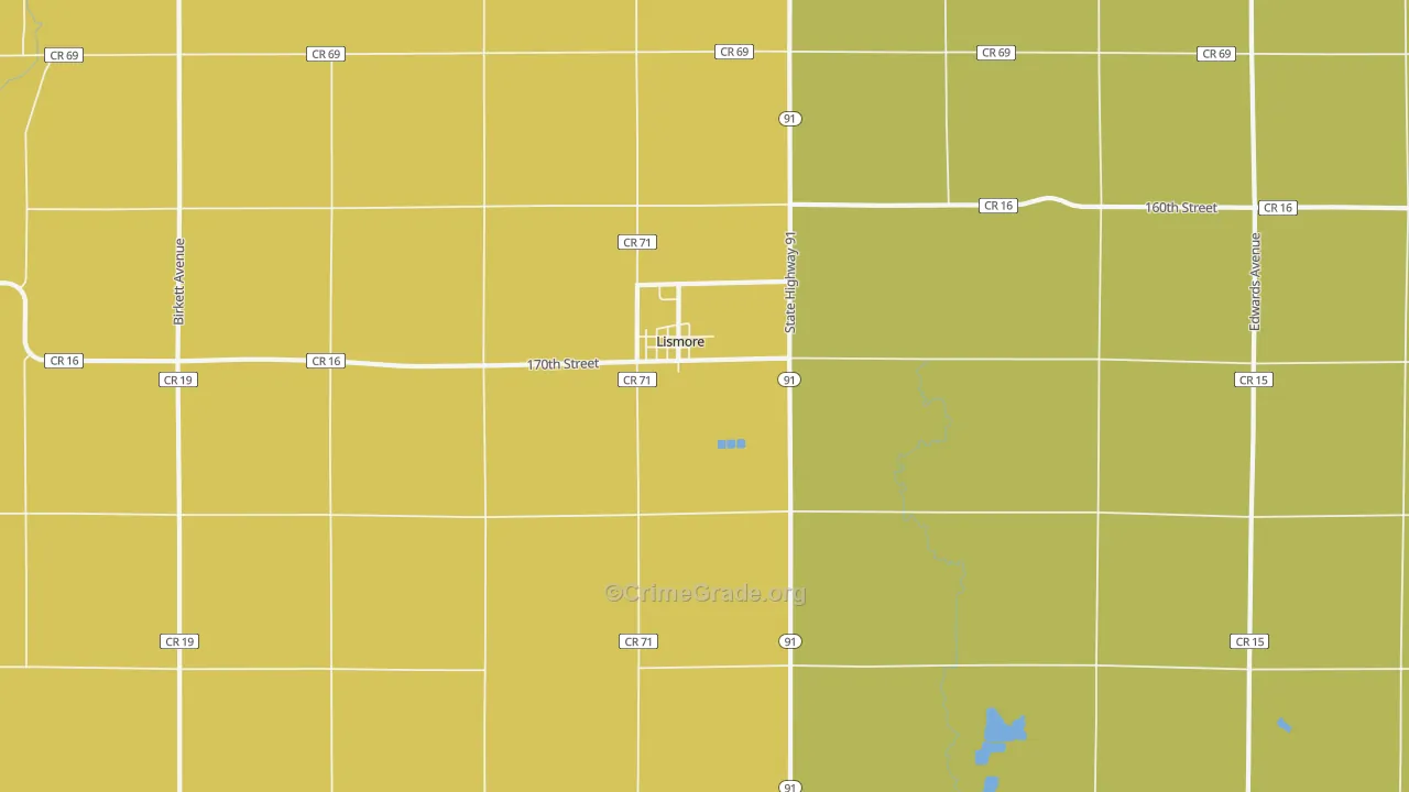 Lismore, MN Map of Robbery Rates