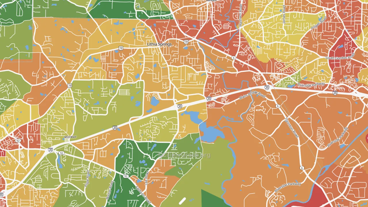 Lithia Springs, GA Map of Robbery Rates