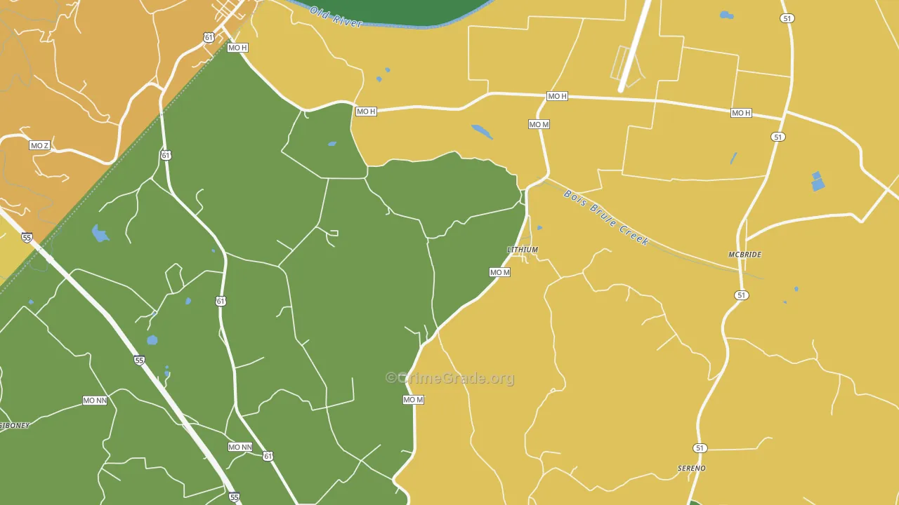 Lithium, MO Map of Robbery Rates