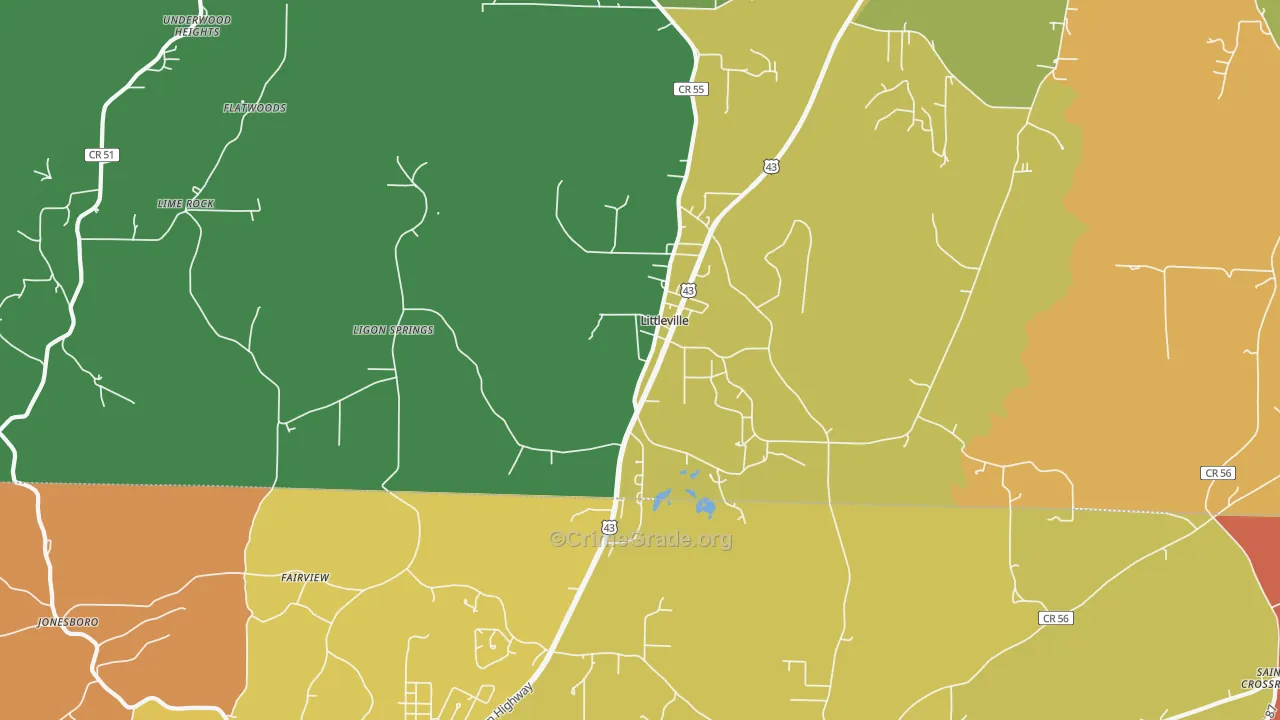 Littleville, AL Map of Robbery Rates