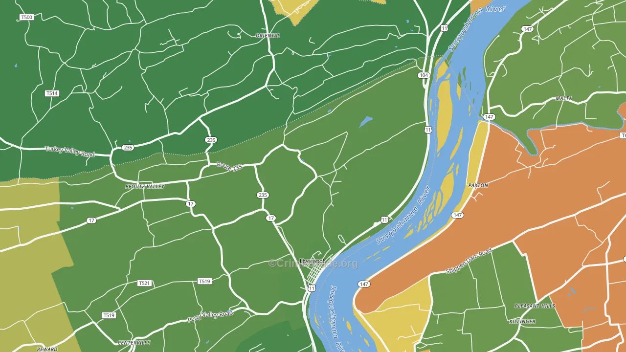 Liverpool, PA Map of Robbery Rates