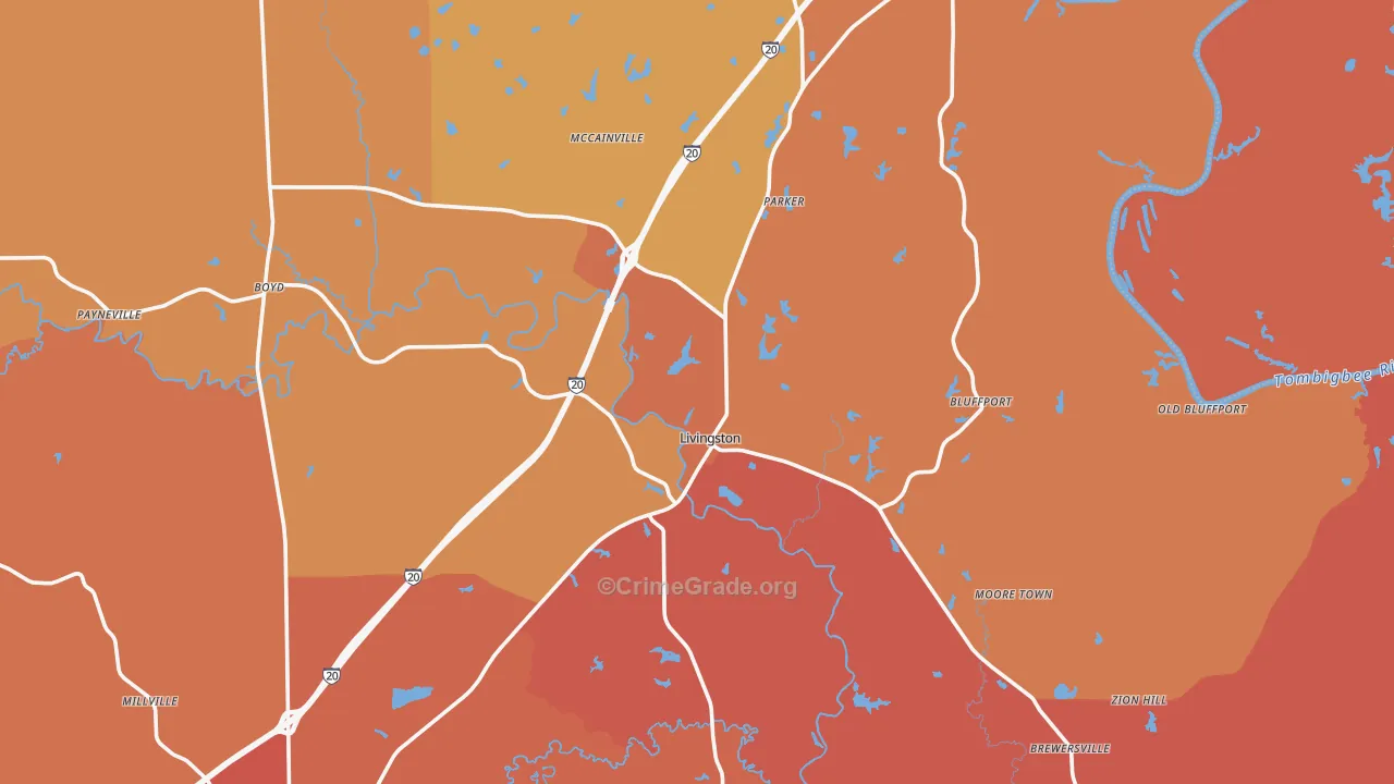 Livingston, AL Map of Robbery Rates