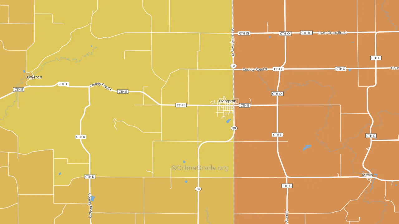 Livingston, WI Map of Robbery Rates