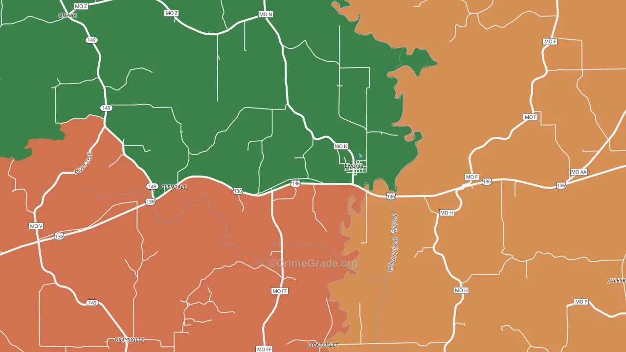 Livonia, MO Map of Robbery Rates