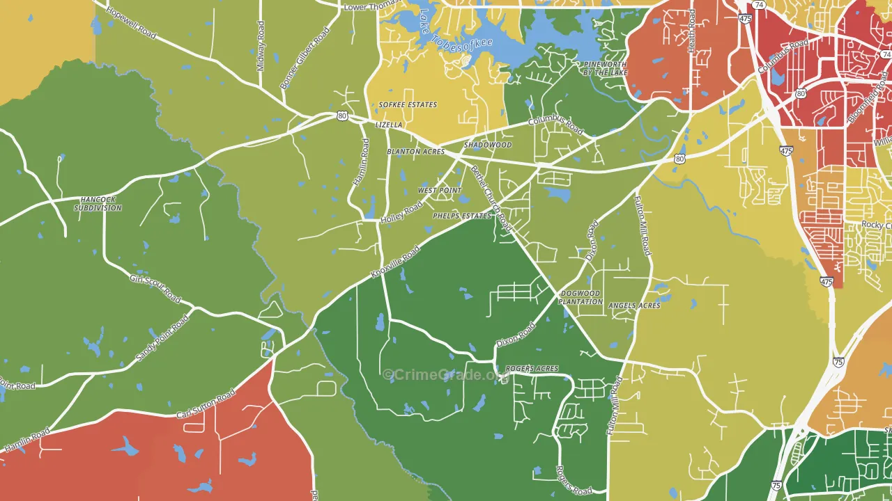 Lizella, GA Map of Robbery Rates