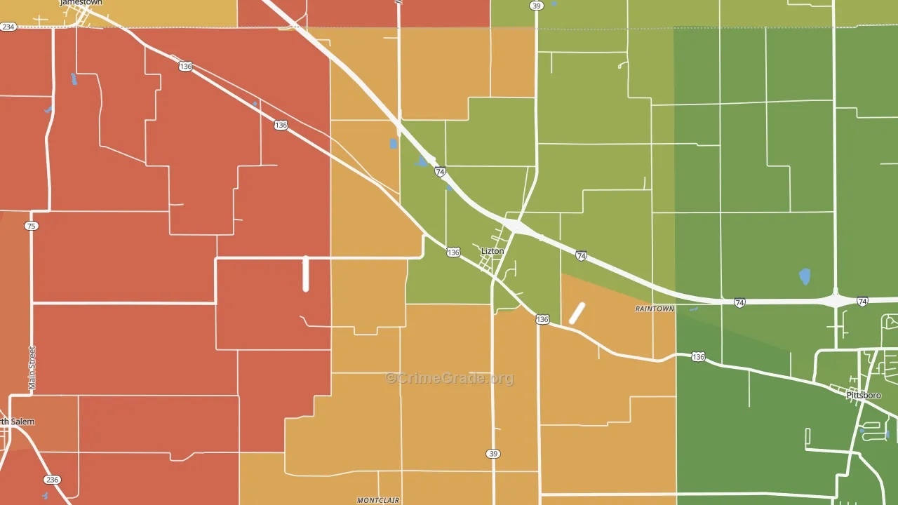 Lizton, IN Map of Robbery Rates