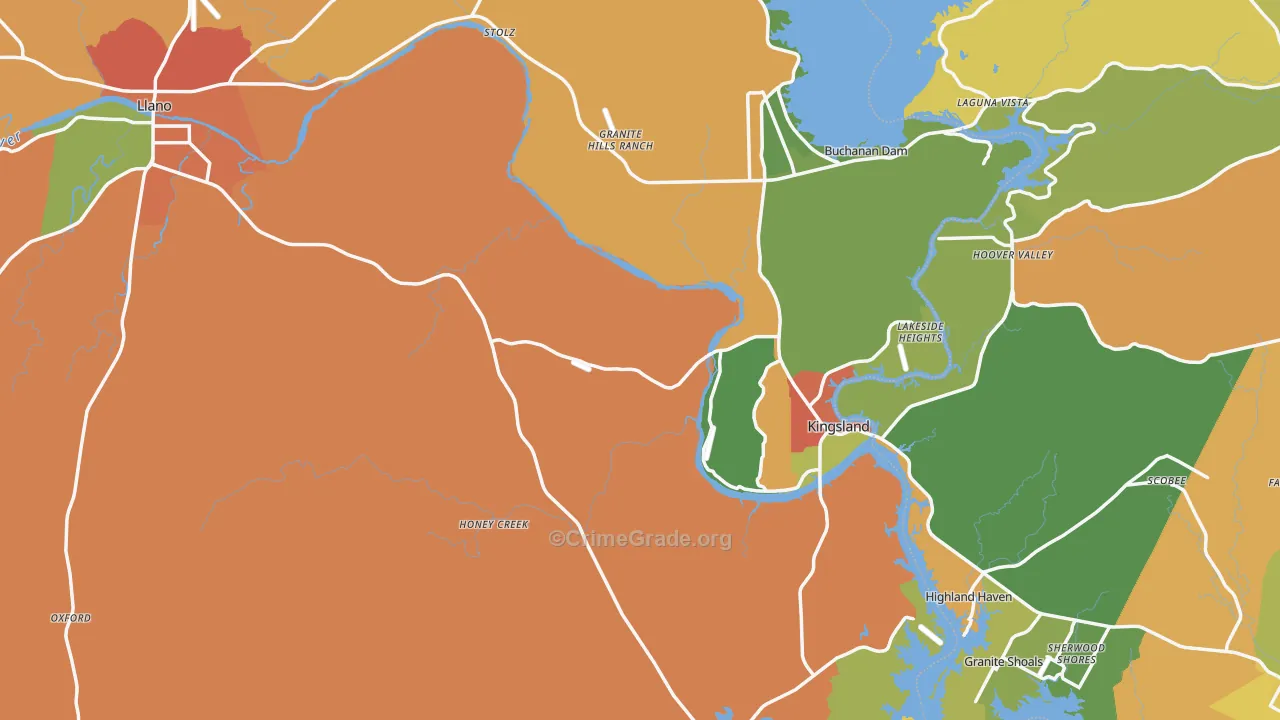 Llano County, TX Map of Robbery Rates