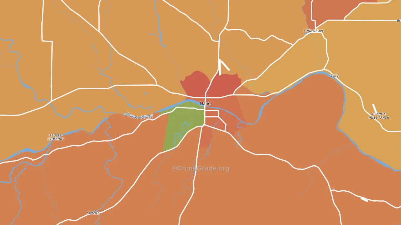Llano, TX Map of Robbery Rates