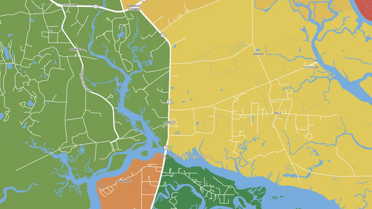 Lobeco, SC Map of Robbery Rates