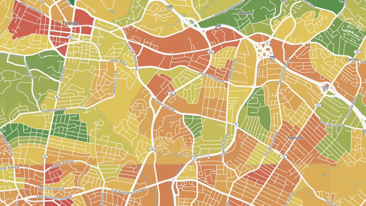 Loch Raven Village, Parkville, MD Map of Robbery Rates