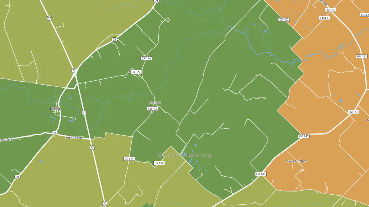 Loebau, TX Map of Robbery Rates