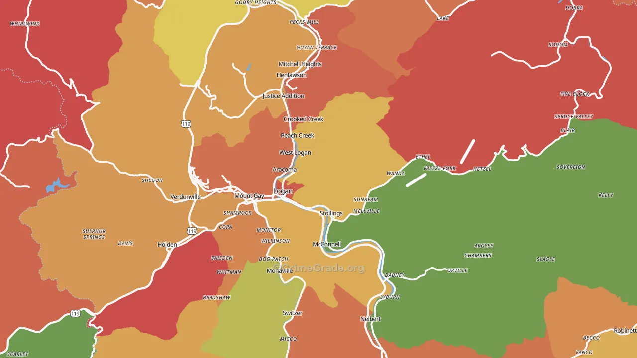 Logan County, WV Map of Robbery Rates