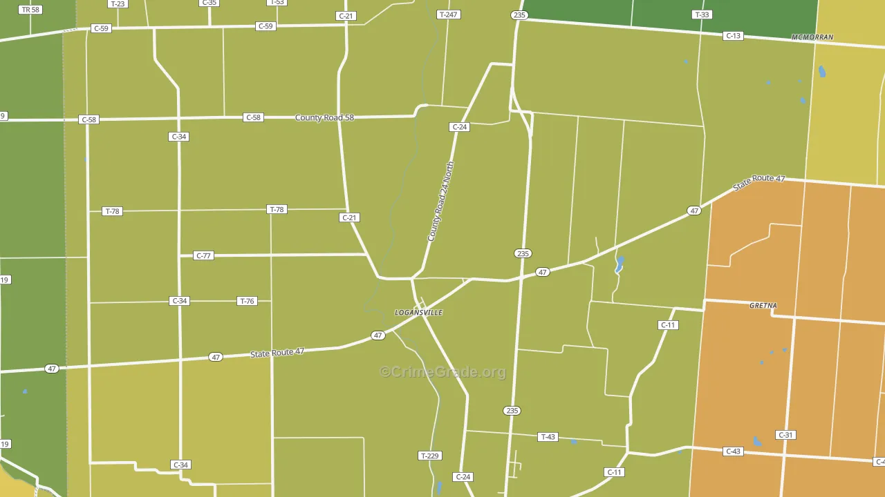Logansville, OH Map of Robbery Rates