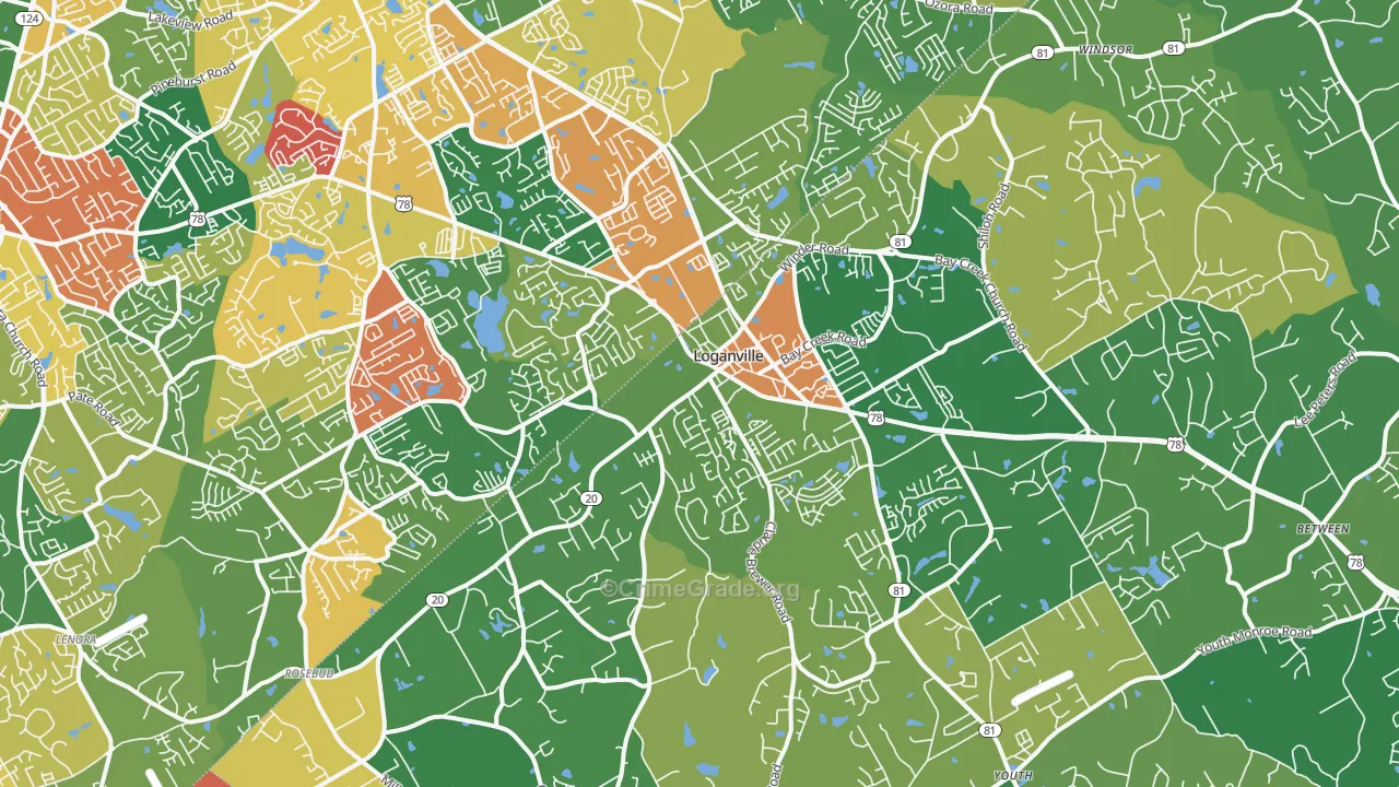 Loganville, GA Map of Robbery Rates