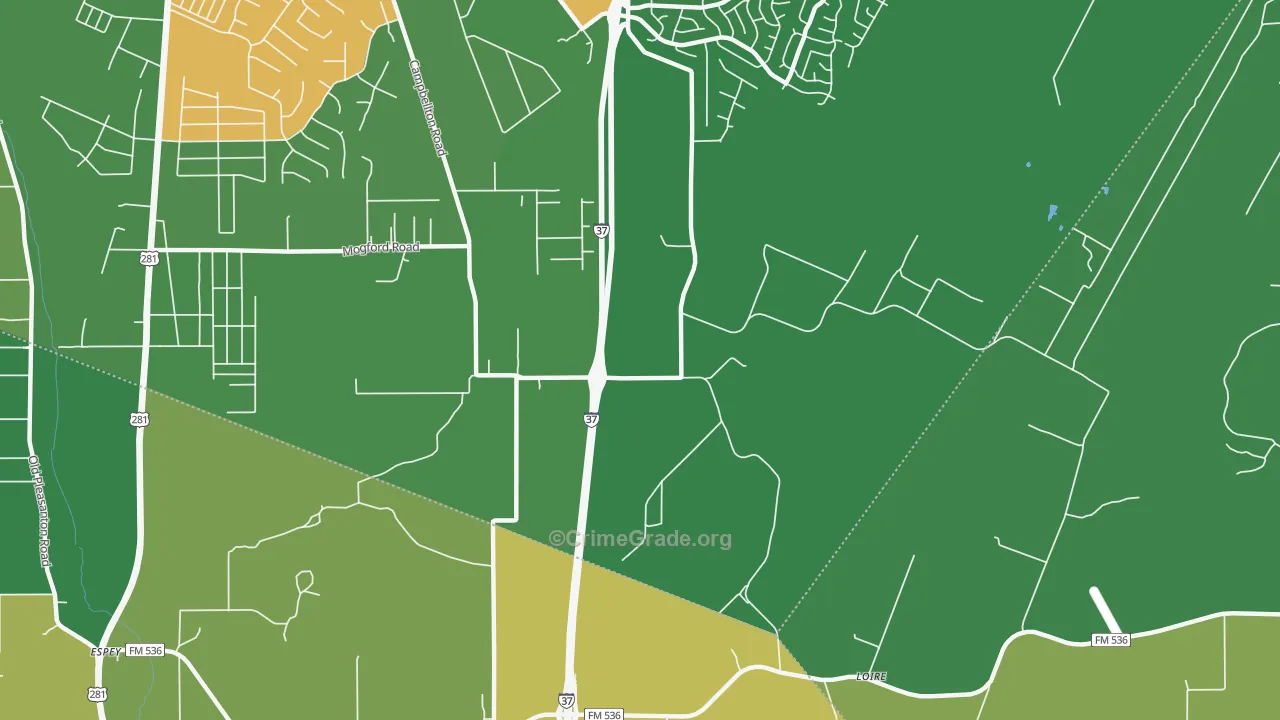 Loire, TX Map of Robbery Rates