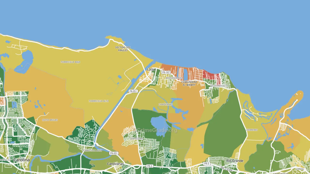 Loiza, PR Map of Robbery Rates