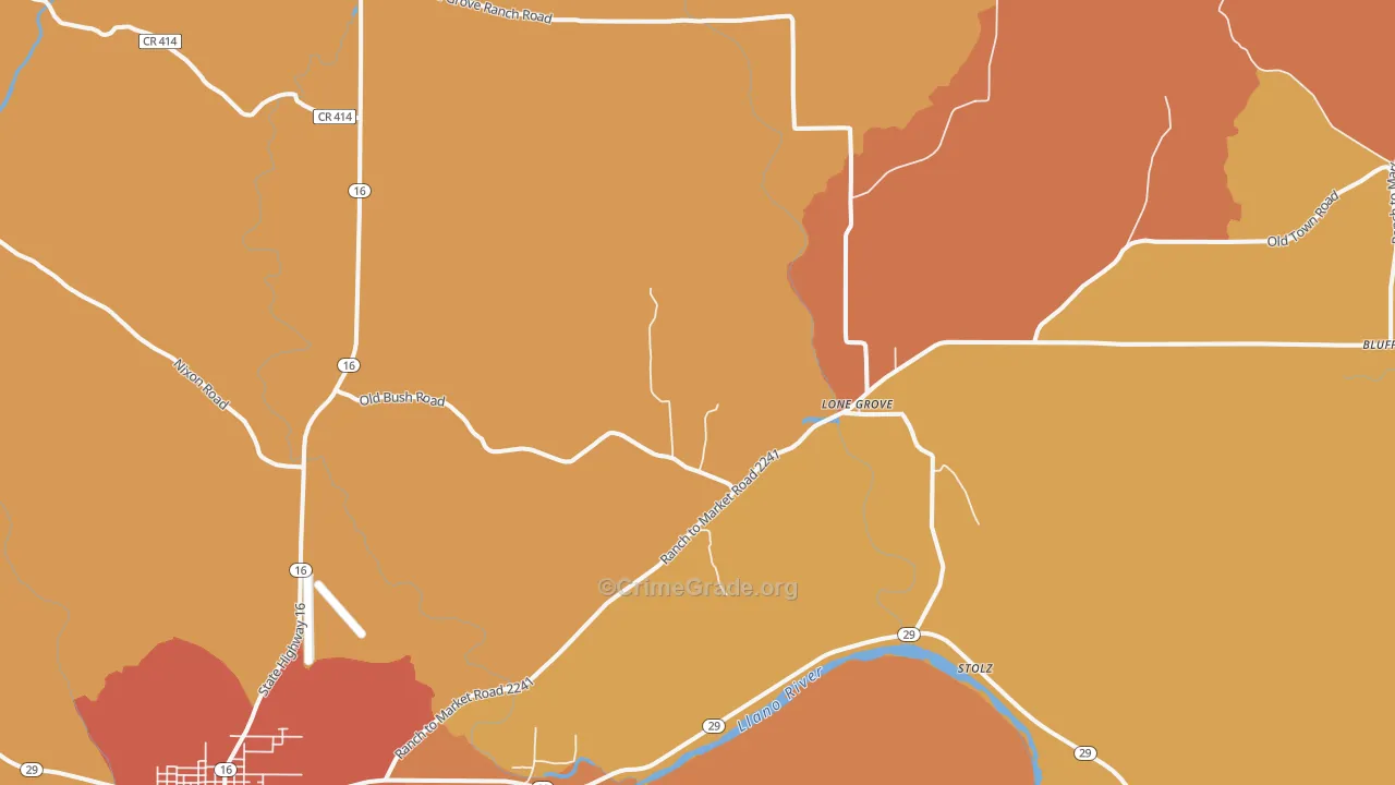Lone Grove, TX Map of Robbery Rates