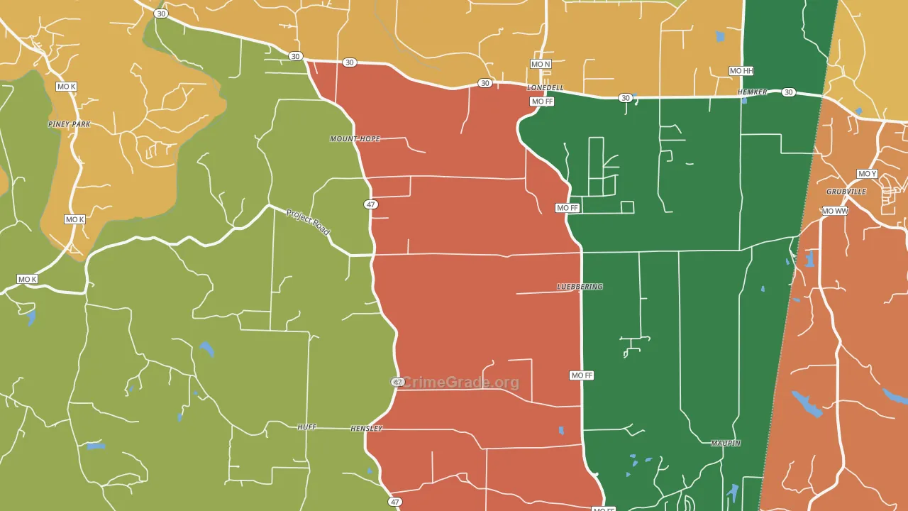 Lonedell, MO Map of Robbery Rates