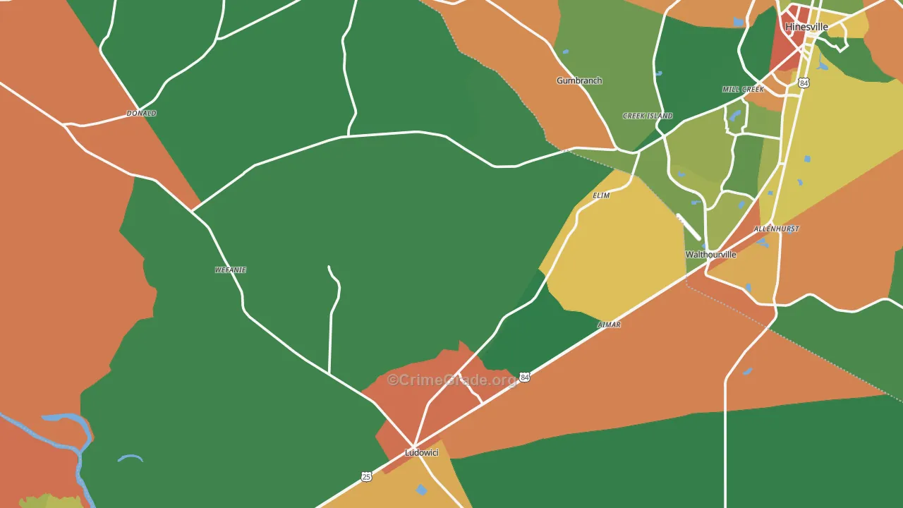 Long County, GA Map of Robbery Rates