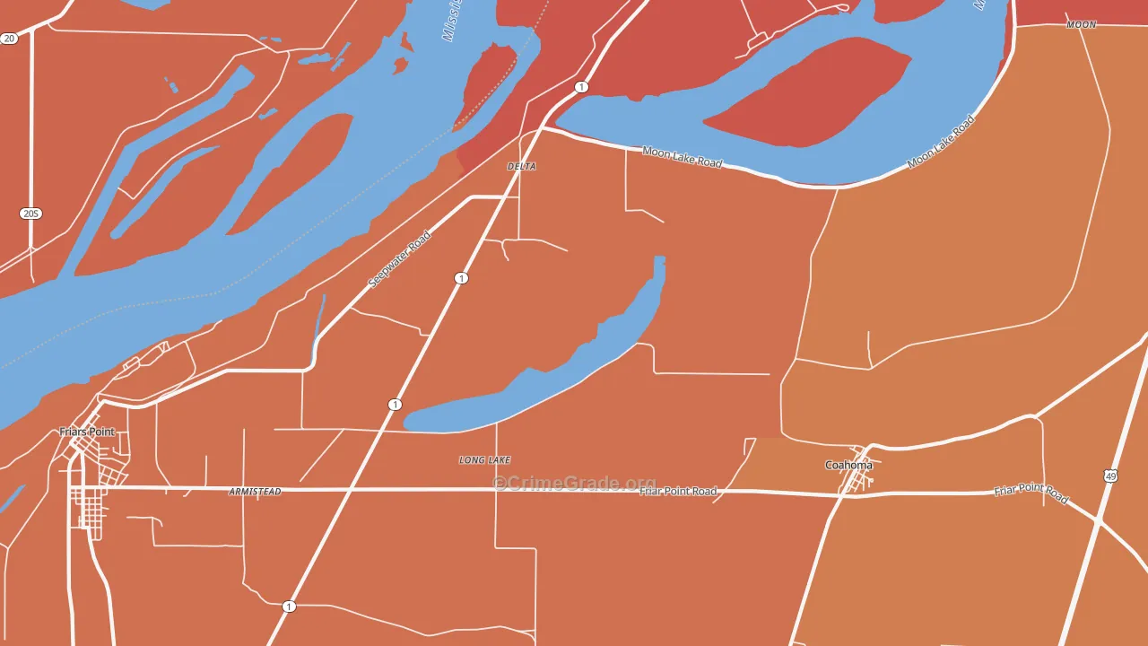 Long Lake, MS Map of Robbery Rates