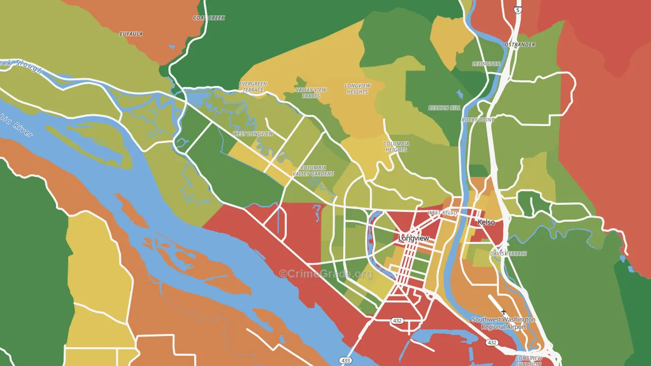 Longview, WA Map of Robbery Rates